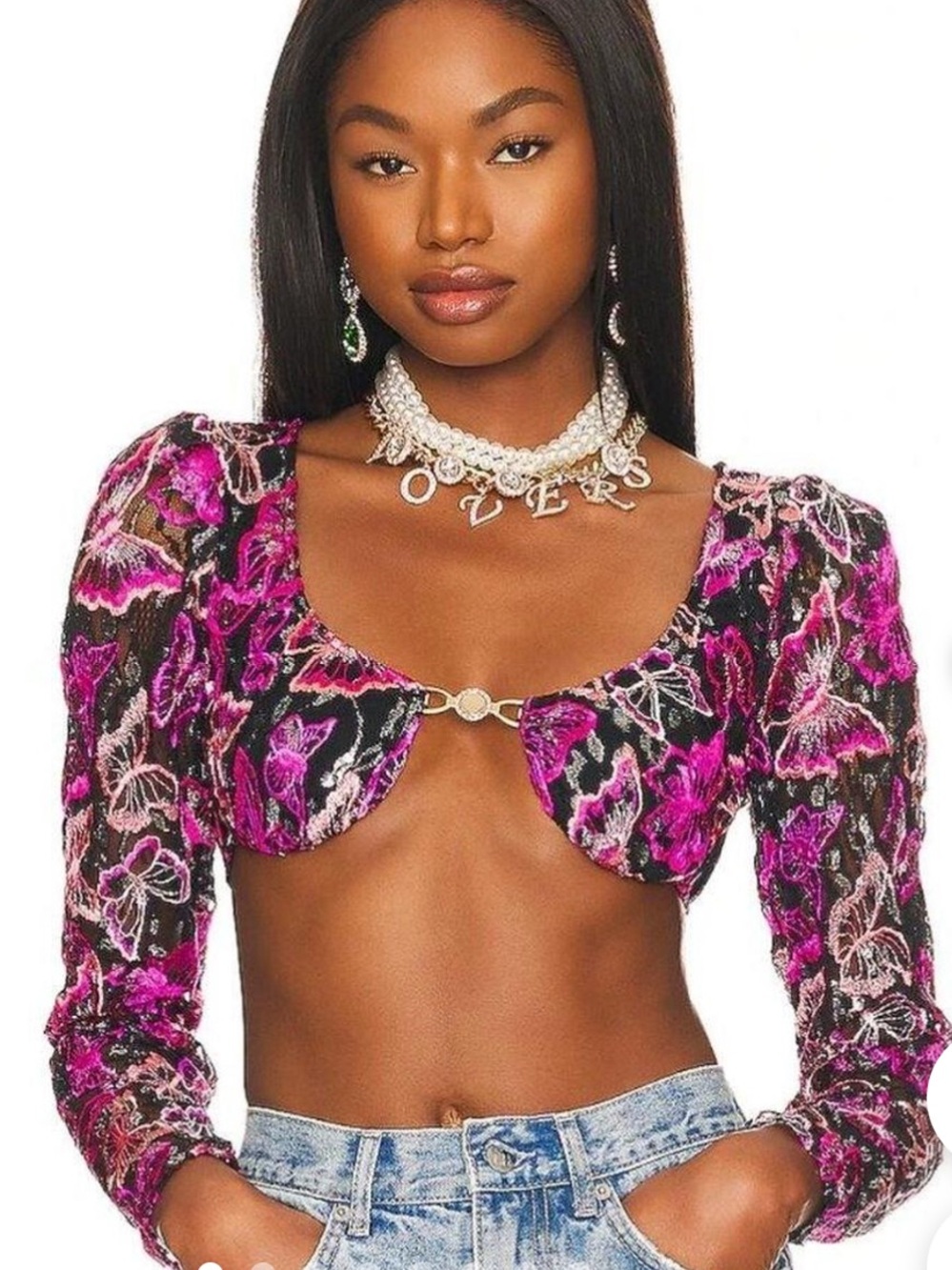 Lovers + Friends Fuchsia Floral Mesh Crop Top with Hook